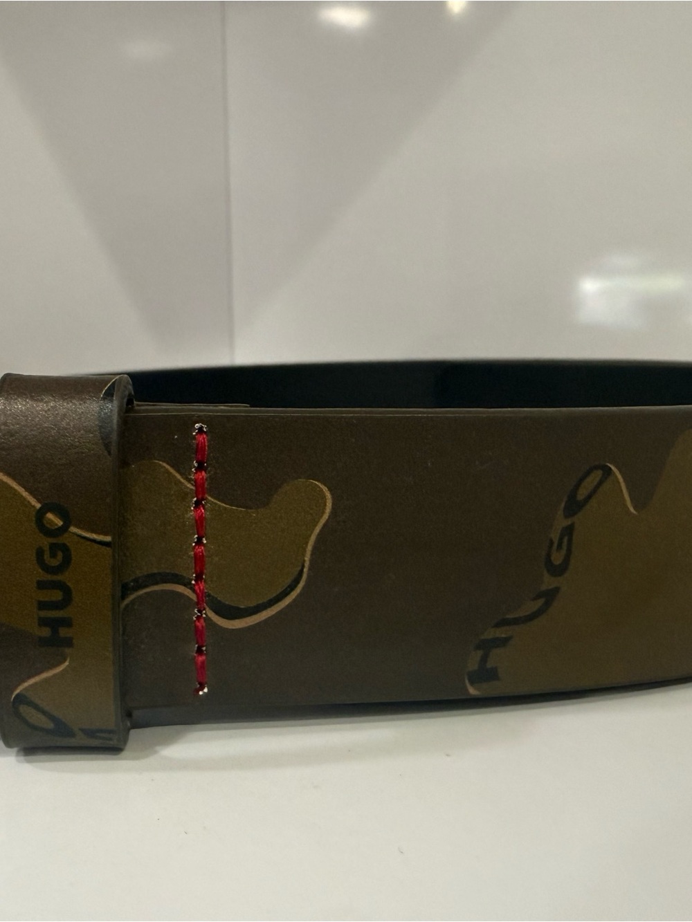 HUGO Brown Camouflage Leather Belt with Red Stitching